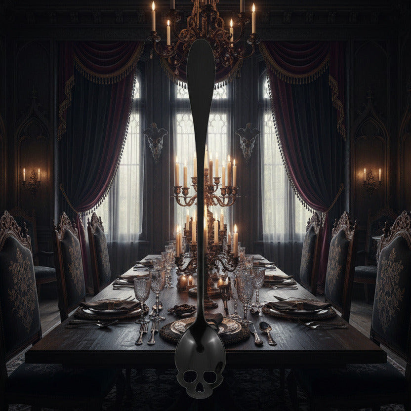 Black skull-shaped spoon on a white background