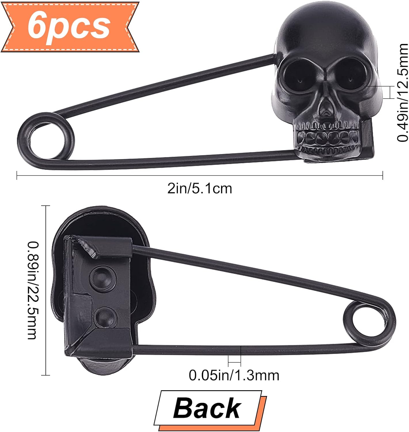 Black Skull Safety Pin  Goth Brooch