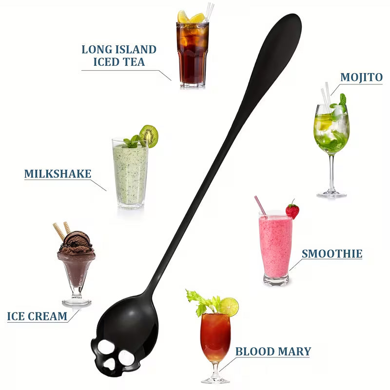 Black Skull Shaped Gothic Design Long Handled Spoon